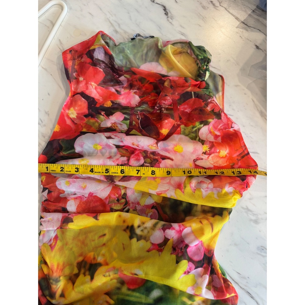 Zara Floral Mesh Midi Dress Womens Medium Ruched Bodycon Sleeveless Sheer - Picture 4 of 6